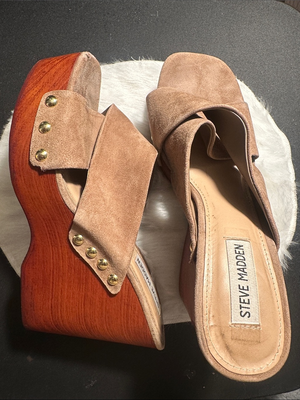 Steve Madden Beige Suede Platform Clogs with Wood Wedge